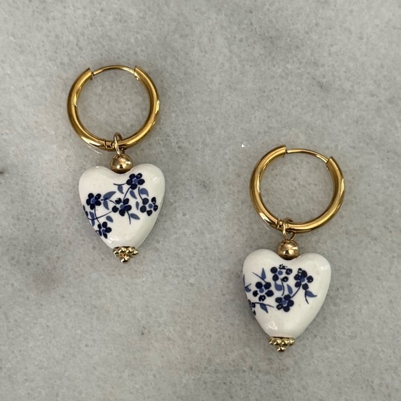 Modest Lu Jewelry - Gold Oriental Painted Floral Blue White Beaded Hoop Dangle Earrings
Brand New